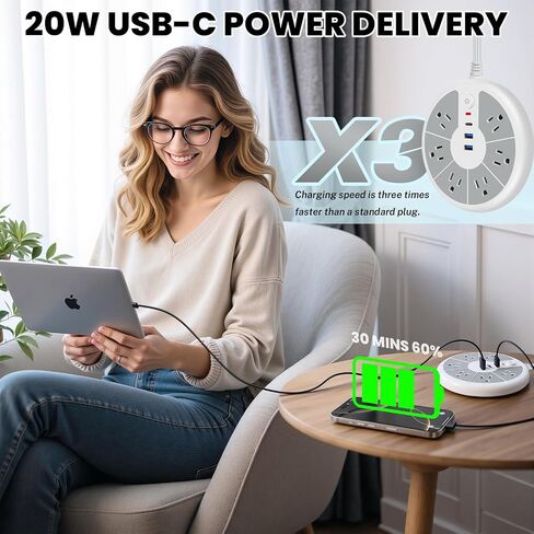 Ultra-Thin Cord Power Strip Fast USB C - 6-Outlet Power Strip Surge Protector with 3 USB Ports - Compact Charging Station Plug Extender for Desk, Office, Computer, Charger, Electronic Accessories in Kuwait