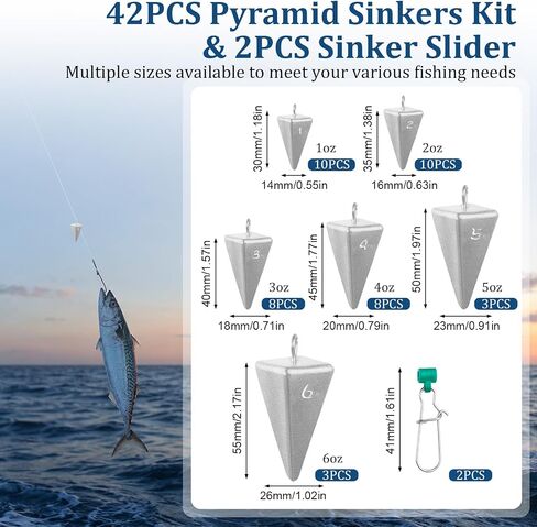 42PCS 1-6oz Pyramid Sinkers with 2PCS Sinker Slider, Tangle-Free No-Roll in Saudi Arabia