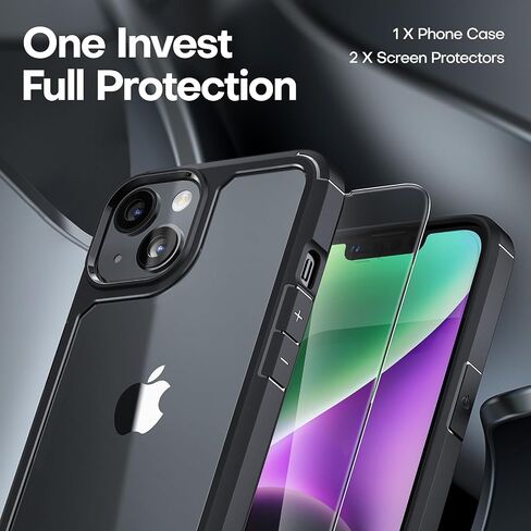 TAURI 3-in-1 Designed for iPhone 14 Case, [Not Yellowing] with 2 Screen Protector, [Military Drop Protection] Shockproof Slim Phone Case for iPhone 14 6.1 Inch-Black in Kuwait