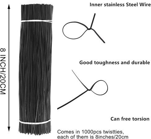  1000 Pcs 8 Inch Black Twist Ties, Reusable Plastic Cable Ties with Metal Inner Core, Multi-Purpose Wire Ties for Cords, Plants, Bags and Home Organization in Kuwait