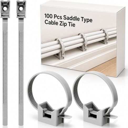 100 Pcs Saddle Cable Zip Tie Mounts with 7 Inch Cable Fasteners Zip Tie Clips Heavy Duty Pipe Bracket Clamp for Rigid Tubes Wire Anchor Clips Management Installation on Baseboard Wall Desk in Saudi Arabia
