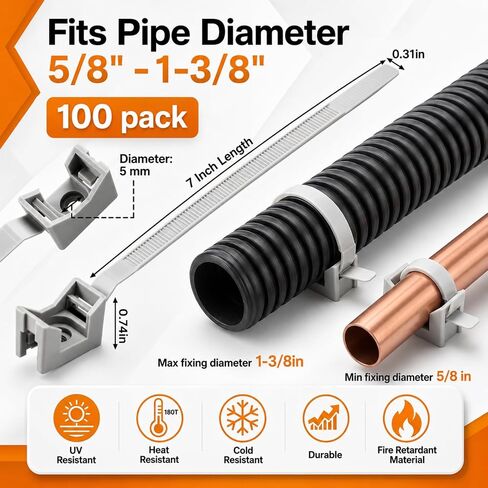 100 Pcs Saddle Cable Zip Tie Mounts with 7 Inch Cable Fasteners Zip Tie Clips Heavy Duty Pipe Bracket Clamp for Rigid Tubes Wire Anchor Clips Management Installation on Baseboard Wall Desk in Saudi Arabia