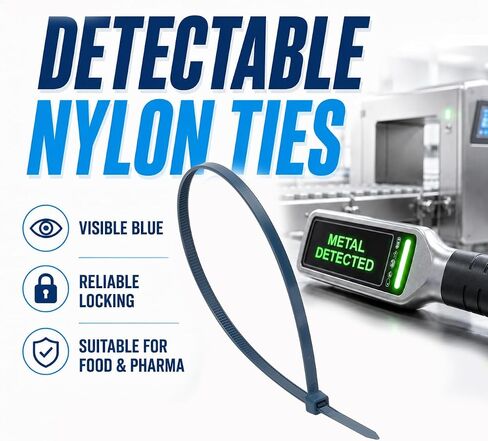 5.9" Metal Detectable Zip Ties Self Locking,Blue Visible Nylon Cable Ties,Industrial Food Grade Fastening Accessories(pack of 100 pcs). in Kuwait