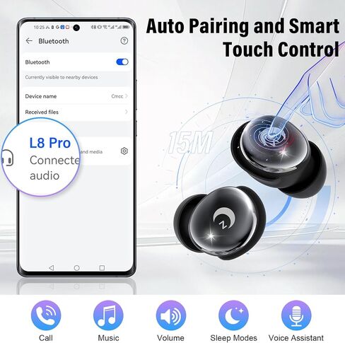سماعات أذن VEKJ Sleep Bluetooth 5.4، شاشة لمس ذكية 48 ساعة داخل الأذن، سماعات أذن صغيرة للنوم 2025، تصميم صغير للنوم الجانبي، 5 أوضاع EQ، مكالمات واضحة، IPX7 مقاومة للماء في سماعات الأذن in Kuwait