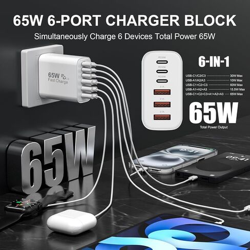 USB C Wall Charger Block, 65W GaN 6-Port Fast Charging PD +QC Block in Saudi Arabia