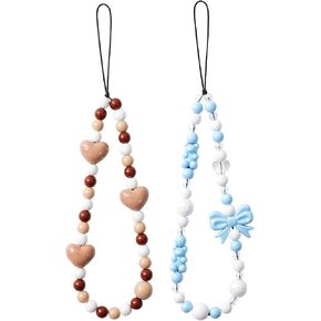 2 Pcs Phone Charm Strap Hand Wrist Strap Camera Lanyard Pearl Beaded Cute Chain String Accessories Universal for iPhone 17 Pro Max 16 15 14 for Samsung Women Girls Keychain Brown Leopard Bow and Heart in Kuwait