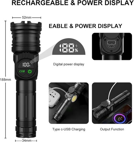 iodoo 3 in 1 Rechargeable Flashlight True 5000 Lumens Outdoor Strong Cob Light, 5000mAh Zoomable Beam LED Flash Light with Magnet Power Failure Emergency Survival Kits Snowstorm (PRO) in Kuwait