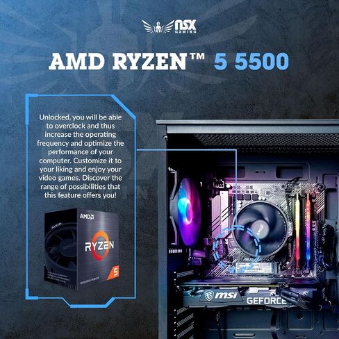 NSX GAMING Desktop Pc AMD Ryzen 5500, RTX 3050 6 Gb, 16GB RAM DDR4, SSD 512GB NVME M.2, W11, WiFi and Bluetooth Ready, Mouse and Keyboard RGB Included & 1 Year Warranty in Kuwait
