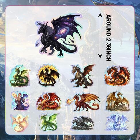 120PCS Holographic Dragon Stickers, Dragon Party Favors Birthday Party Decorations Vinyl Waterproof Stickers for Water Bottle Laptop Luggage Helmet Gifts for Teens Boys Girls Adult in Kuwait