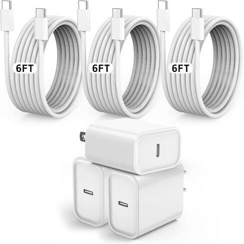 Fast Charger iPhone17/16 Charging, 3Pack 20W USB-C Charger iPhone Charger Fast Charging Type C Port Wall Plug 6FT USB C to C Woven Cable for iPhone 17E/Air/17 Pro Max/17 Pro/16E/16 Pro/15Plus/15,iPad in Kuwait