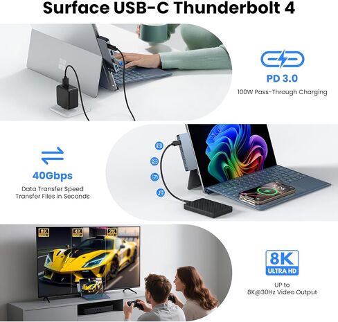 Surface pro X/9/10/11 HDMI Docking Station with USB C Thunderbolt 4(8K Display+40Gbps Data+100W PD), Dual USB 3.0 and 4K@60Hz Dispplay Ports, USB c Thunderbolt 4 Travel Dock Portable to Carry in Kuwait