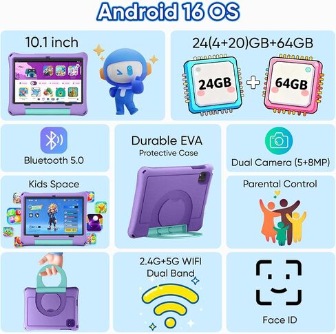 aiprotablet 10 inch Kids Tablet, Android 16 Tablet for Kid, Octa-Core CPU, 24GB RAM, 64GB ROM 1TF Card Expandable for Children,Tablets with Case, Parental Control, 6000mAh,WiFi, Bluetooth in Kuwait