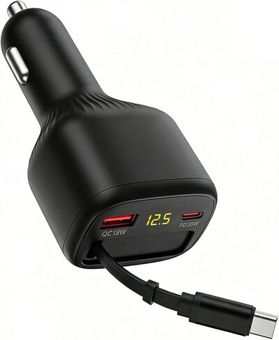 78W Retractable Car Charger, USB-C Car Charger with Cable, Cigarette Lighter Splitter, Voltage Display. Car Accessories for Men Women, for iPhone 17 16 15 14 13,Galaxy, Pixel in Saudi Arabia