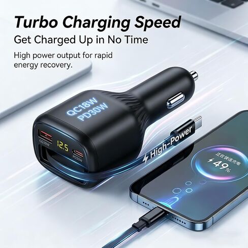 78W Retractable Car Charger, USB-C Car Charger with Cable, Cigarette Lighter Splitter, Voltage Display. Car Accessories for Men Women, for iPhone 17 16 15 14 13,Galaxy, Pixel in Saudi Arabia