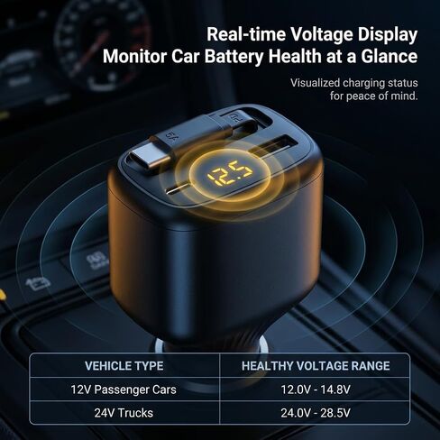 78W Retractable Car Charger, USB-C Car Charger with Cable, Cigarette Lighter Splitter, Voltage Display. Car Accessories for Men Women, for iPhone 17 16 15 14 13,Galaxy, Pixel in Saudi Arabia
