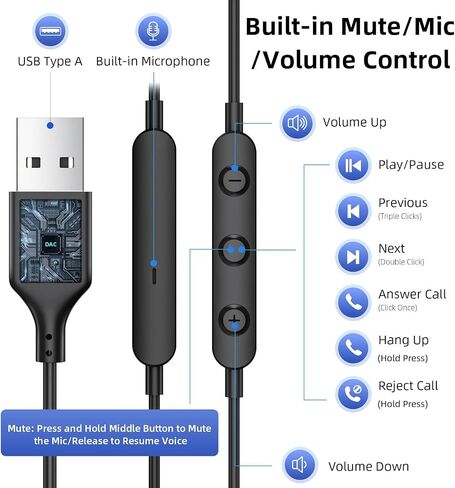 USB Headphone 7.5FT Long Cord Computer Headset PC Wired Earbuds Lightweight in Kuwait
