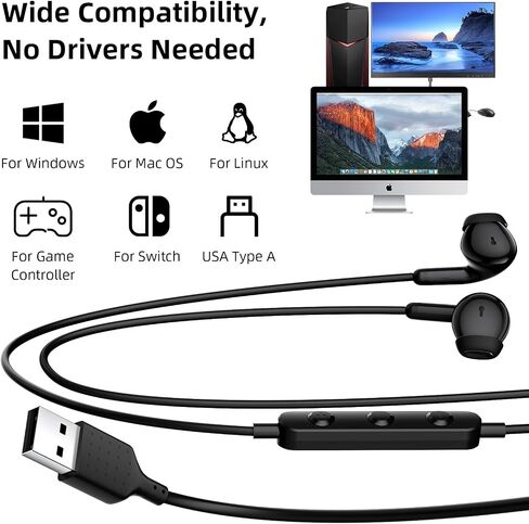 USB Headphone 7.5FT Long Cord Computer Headset PC Wired Earbuds Lightweight in Kuwait