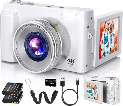 كاميرا رقمية Duluvulu 4K للتركيز التلقائي للتصوير الفوتوغرافي، 2026 أحدث كاميرا تسجيل فيديو بدقة 48 ميجابكسل لليوتيوب مع بطاقة SD، بطاريتان، كاميرا سفر مدمجة مقاس 3 بوصات 180 درجة للمراهقين مع تكبير 16X، باللون الأبيض الفاتح in Kuwait