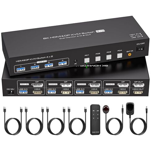 HDMI Displayport KVM Switch 4 Computers 2 Monitors 8K 60Hz 4K 120Hz 4 Port Dual Monitor KVM Switches for 4PC Share Four USB Device Support Copy and Extend Mode Includes Some Accessories in Saudi Arabia