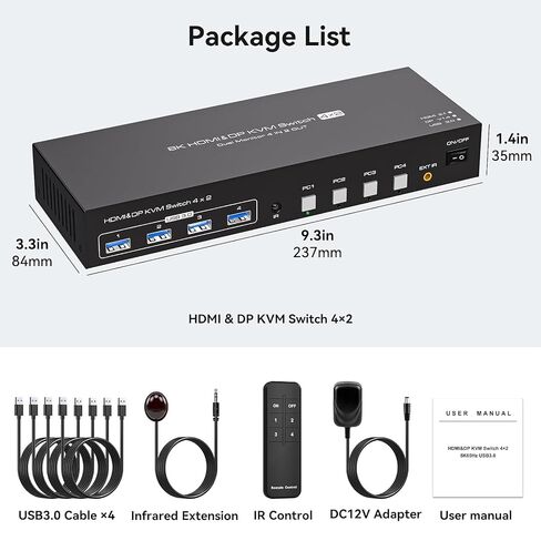 HDMI Displayport KVM Switch 4 Computers 2 Monitors 8K 60Hz 4K 120Hz 4 Port Dual Monitor KVM Switches for 4PC Share Four USB Device Support Copy and Extend Mode Includes Some Accessories in Saudi Arabia