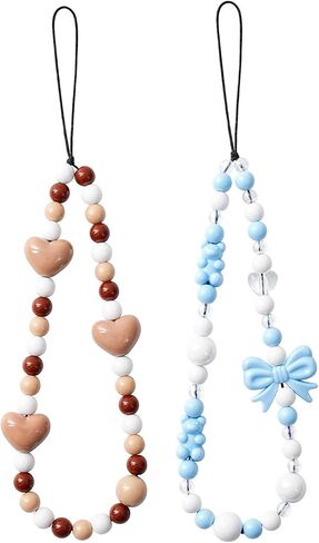 2 Pcs Phone Charm Strap Hand Wrist Strap Camera Lanyard Pearl Beaded Cute Chain String Accessories Universal for iPhone 17 Pro Max 16 15 14 for Samsung Women Girls Keychain Brown Leopard Bow and Heart in Kuwait