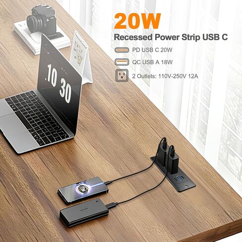 USB C Recessed Power Strip Fast Charge 20W 2 Outlets 3 USB Ports ETL in Saudi Arabia