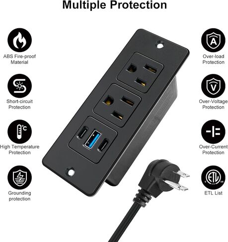 USB C Recessed Power Strip Fast Charge 20W 2 Outlets 3 USB Ports ETL in Saudi Arabia