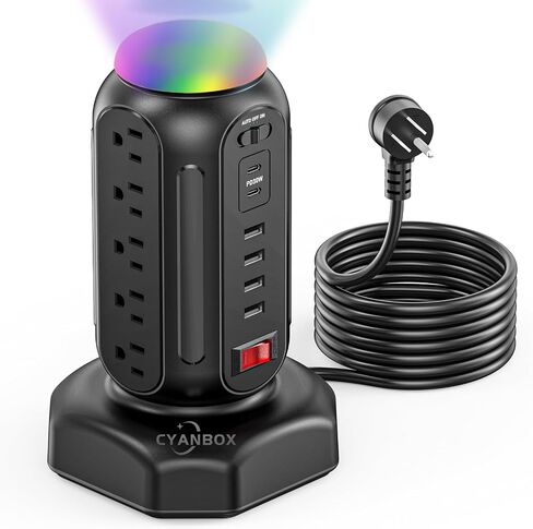 Multiple Outlets Surge Protector, PD 30W Fast Charging Power Strip Tower with RGB Night Light, 15 AC Outlets Power Tower, 2 Type C and 4 USB Ports, 6.5FT Retractable Extension Cord Charging Station in Saudi Arabia