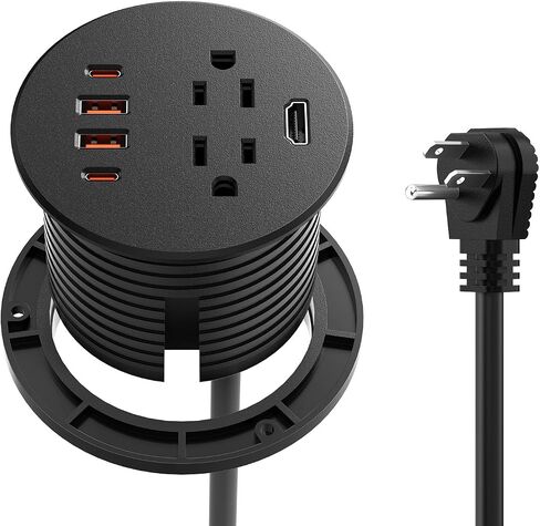 QBA Desk Power Grommet with HDMI, 35W USB-C Fast Charging, 3-1/4" Recessed Power Grommet, 2 Outlets, 4 USB Ports, Flush Mount for Furniture Cabinet Home Office, ETL Listed in Kuwait