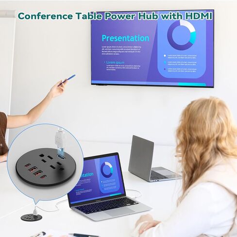 QBA Desk Power Grommet with HDMI, 35W USB-C Fast Charging, 3-1/4" Recessed Power Grommet, 2 Outlets, 4 USB Ports, Flush Mount for Furniture Cabinet Home Office, ETL Listed in Kuwait