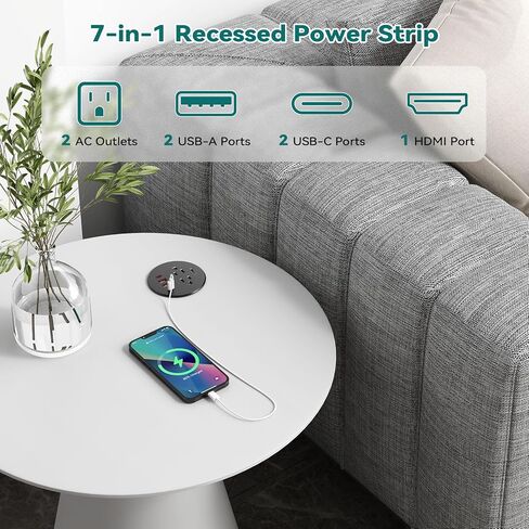 QBA Desk Power Grommet with HDMI, 35W USB-C Fast Charging, 3-1/4" Recessed Power Grommet, 2 Outlets, 4 USB Ports, Flush Mount for Furniture Cabinet Home Office, ETL Listed in Kuwait