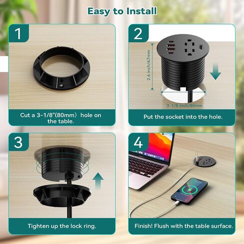 QBA Desk Power Grommet with HDMI, 35W USB-C Fast Charging, 3-1/4" Recessed Power Grommet, 2 Outlets, 4 USB Ports, Flush Mount for Furniture Cabinet Home Office, ETL Listed in Kuwait