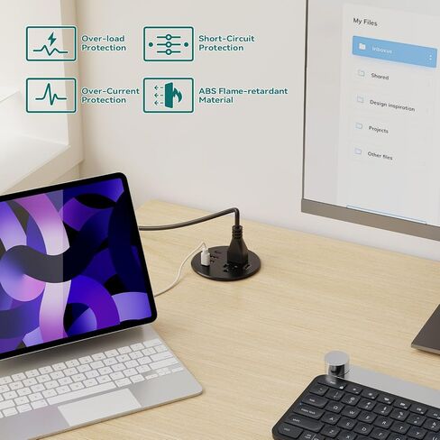 QBA Desk Power Grommet with HDMI, 35W USB-C Fast Charging, 3-1/4" Recessed Power Grommet, 2 Outlets, 4 USB Ports, Flush Mount for Furniture Cabinet Home Office, ETL Listed in Kuwait