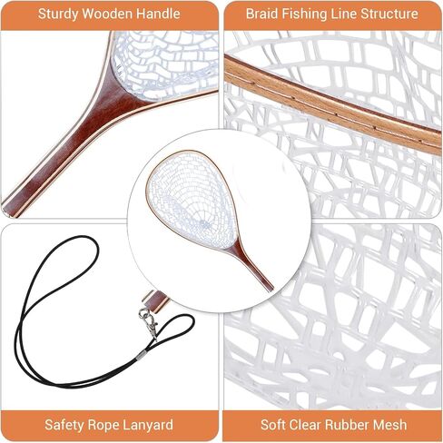 Fly Fishing Landing Net Soft Rubber Mesh Trout Net with Handle Catch and Release Nets Freshwater Saltwater Wooden Nets Gifts for Father Men in Saudi Arabia