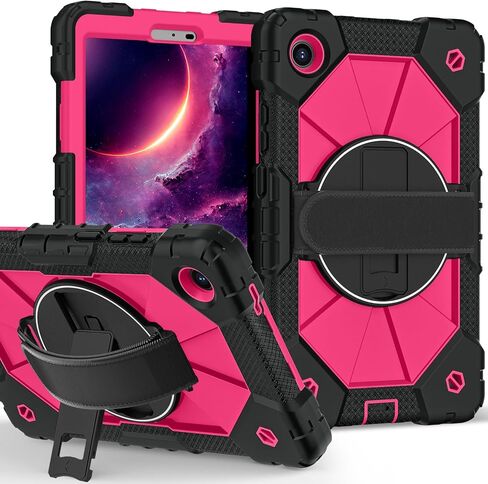 Tablet case for Lenove Tab One 8.7" K9 TB305FU, Heavy Duty Shockproof Silicone Cover Rugged 360 Stand Hand Shoulder Strap for Tablet Black+Rose Red in Kuwait