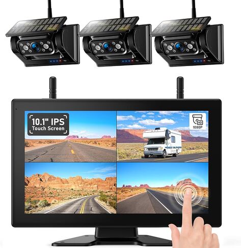 ZEROXCLUB 3 Magnetic Solar Wireless Backup Camera HD1080P Loop Recording 10.1 Inch Touchscreen Monitor, Quad RV Rearview Backup Cameras Wireless System for RV Trailer Tractor Truck, BL103 in Kuwait