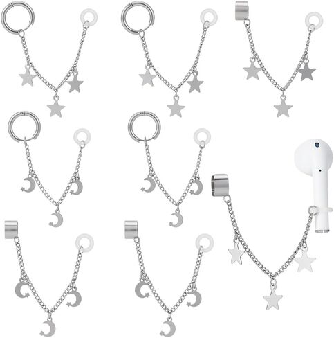 8Pcs 4 Styles Ear Phone Chain Earbud Chain Lanyard Stainless Steel Silver Moon Star Aesthetic Non Lost Hanging Protector Cuff Earrings Clip Straps for Ear Earphone Headphone Holder DIY Decor in Saudi Arabia