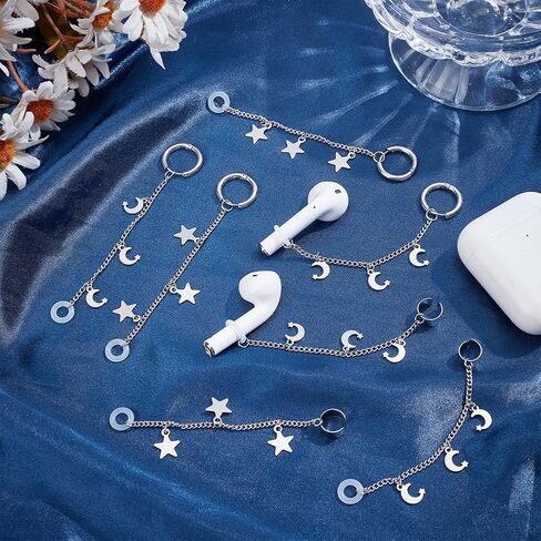 8Pcs 4 Styles Ear Phone Chain Earbud Chain Lanyard Stainless Steel Silver Moon Star Aesthetic Non Lost Hanging Protector Cuff Earrings Clip Straps for Ear Earphone Headphone Holder DIY Decor in Saudi Arabia