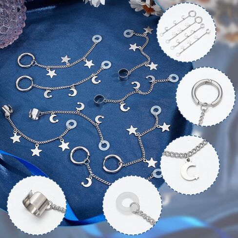 8Pcs 4 Styles Ear Phone Chain Earbud Chain Lanyard Stainless Steel Silver Moon Star Aesthetic Non Lost Hanging Protector Cuff Earrings Clip Straps for Ear Earphone Headphone Holder DIY Decor in Saudi Arabia