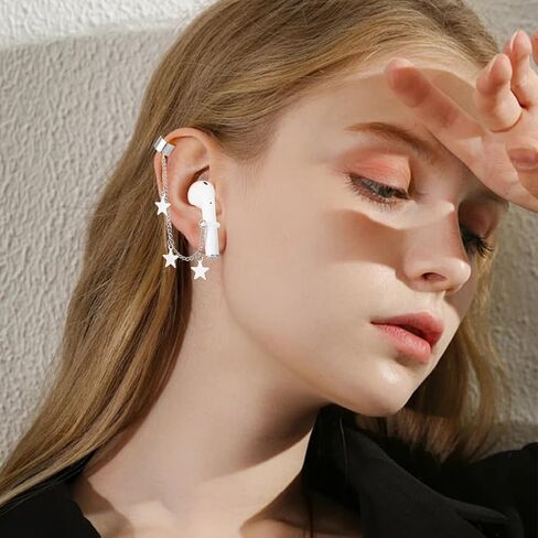 8Pcs 4 Styles Ear Phone Chain Earbud Chain Lanyard Stainless Steel Silver Moon Star Aesthetic Non Lost Hanging Protector Cuff Earrings Clip Straps for Ear Earphone Headphone Holder DIY Decor in Saudi Arabia