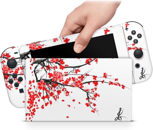 ZOOMHITSKINS Matte Skin Compatible with Switch, Asian Floral Cherry Blossom Red White Design, Durable 3M Vinyl Decal Wrap, Precision Fit, Bubble-Free, Made in USA in Saudi Arabia
