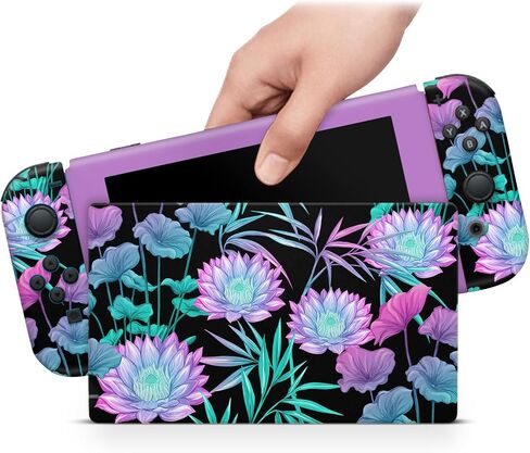 ZOOMHITSKINS Glitter Skin Compatible with Switch, Lotus Water Lily Floral Garden Design, Durable 3M Vinyl Decal Wrap, Precision Fit, Bubble-Free, Made in USA in Saudi Arabia