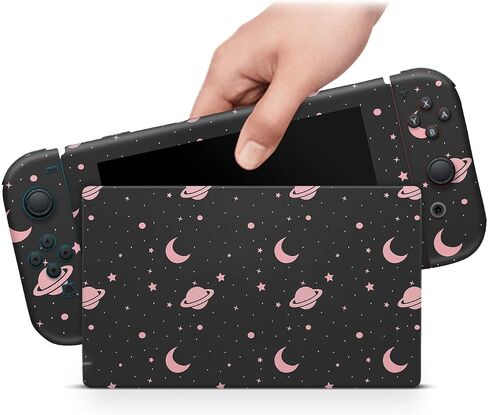 ZOOMHITSKINS Matte Skin Compatible with Switch, Pink Space Moon Stars Anime Design, Durable 3M Vinyl Decal Wrap, Precision Fit, Bubble-Free, Made in USA in Saudi Arabia