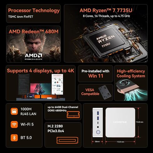 MOREFINE M700 Mini PC, Ryzen 7 7735U (8C/16T, up to 4.75Ghz), Mini Desktop Computer 16GB DDR5 512GB NVMe SSD, Small PC Desktop Support 4k Dual Display WiFi6/BT5.2/USB3.2 in Saudi Arabia