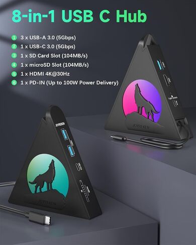 Black USB C HDMI Hub with Base& 4-Port USB 3.0 Hub, with 4K 30 Hz HDMI, 100W Power Delivery, 5 Gbps USB-C, USB-A 3.0, SD/TF Card Slots, Vertical Hub for iMac, MacBook, Mac mini, PC, Dell in Kuwait