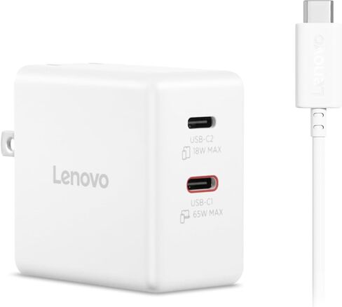 شاحن Lenovo Dual USB-C 65W GaN، منفذي USB-C، لأجهزة الكمبيوتر المحمولة/الأجهزة اللوحية والهواتف والمزيد، حجم صغير، قابس قابل للطي، يتضمن كابل USB C بطول 1.5 متر، الموديل/النوع: CC65، أسود in Kuwait