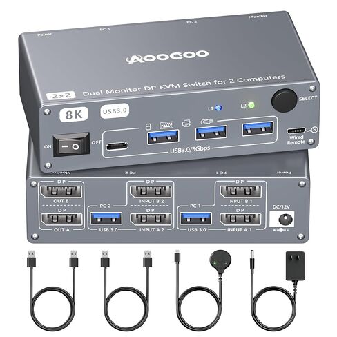 Displayport KVM Switch 2 Computers 2 Monitors, 8K@60Hz/4K@240Hz Dual Monitor KVM Switch for 2 PCs Share 2 Monitors, with 4 USB3.0 Ports, USB Cables and Power Adapter,Grey 12cm DP KVM in Kuwait