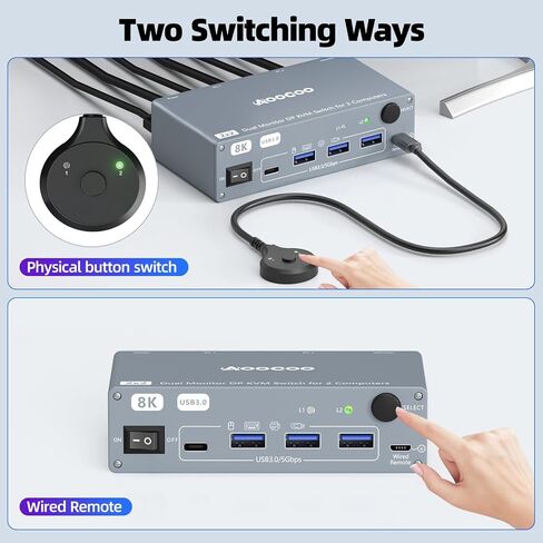 Displayport KVM Switch 2 Computers 2 Monitors, 8K@60Hz/4K@240Hz Dual Monitor KVM Switch for 2 PCs Share 2 Monitors, with 4 USB3.0 Ports, USB Cables and Power Adapter,Grey 12cm DP KVM in Kuwait