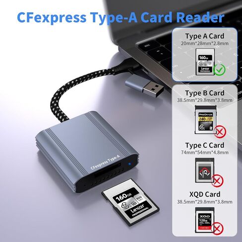 CFexpress Type A Card Reader with USB 3.2 Gen 2 10Gbps, 2-in-1 USB-C/USB-A CFexpress Type A Card Adapter, Compatible with Windows/Mac/Linux/Android/iPhone 17/16/15, Laptops, Tablets, Smartphones in Kuwait