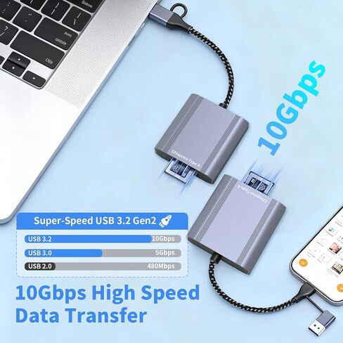 CFexpress Type A Card Reader with USB 3.2 Gen 2 10Gbps, 2-in-1 USB-C/USB-A CFexpress Type A Card Adapter, Compatible with Windows/Mac/Linux/Android/iPhone 17/16/15, Laptops, Tablets, Smartphones in Kuwait